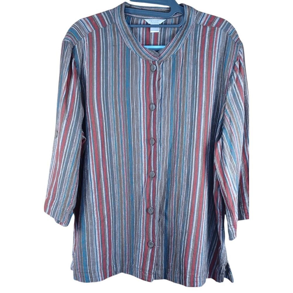 Christopher & Banks XL Linen Blend Striped Button Down Blouse Roll Tab Sleeve